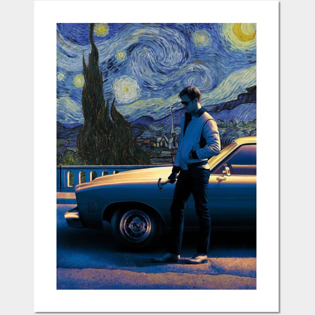 Vincent Van Gogh's Starry Night and Ryan Gosling in Drive Wall Art by luigi-tarini